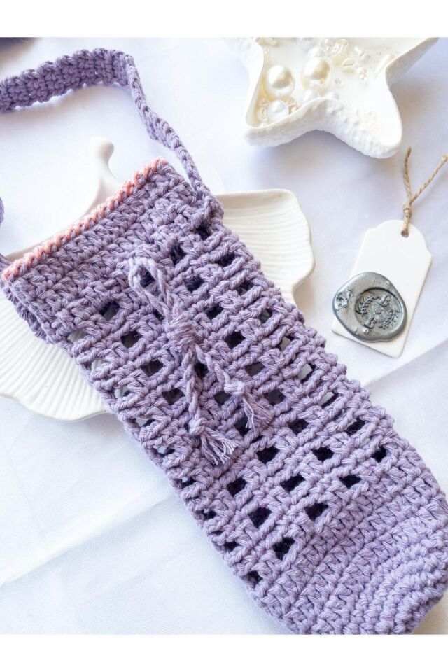 Özel Tasarım Pembe Şeritli Lila Örgü Mini Çanta/Su Taşıma Çantası