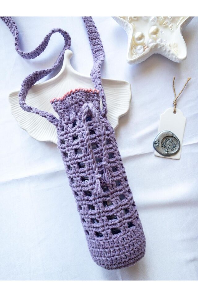 Özel Tasarım Pembe Şeritli Lila Örgü Mini Çanta/Su Taşıma Çantası