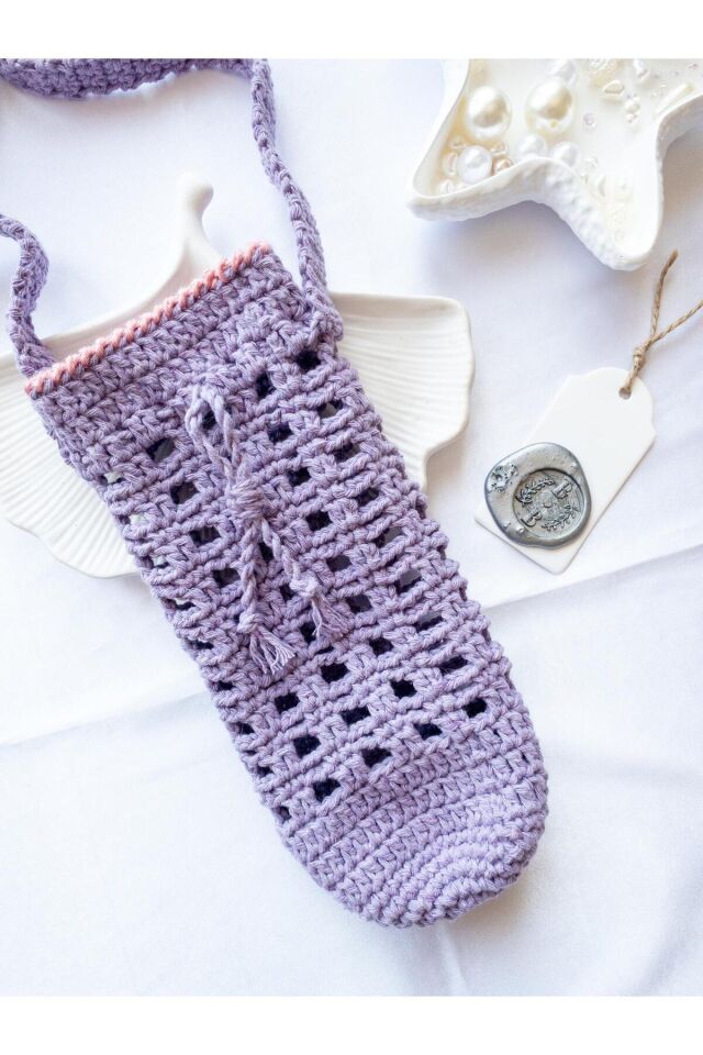 Özel Tasarım Pembe Şeritli Lila Örgü Mini Çanta/Su Taşıma Çantası