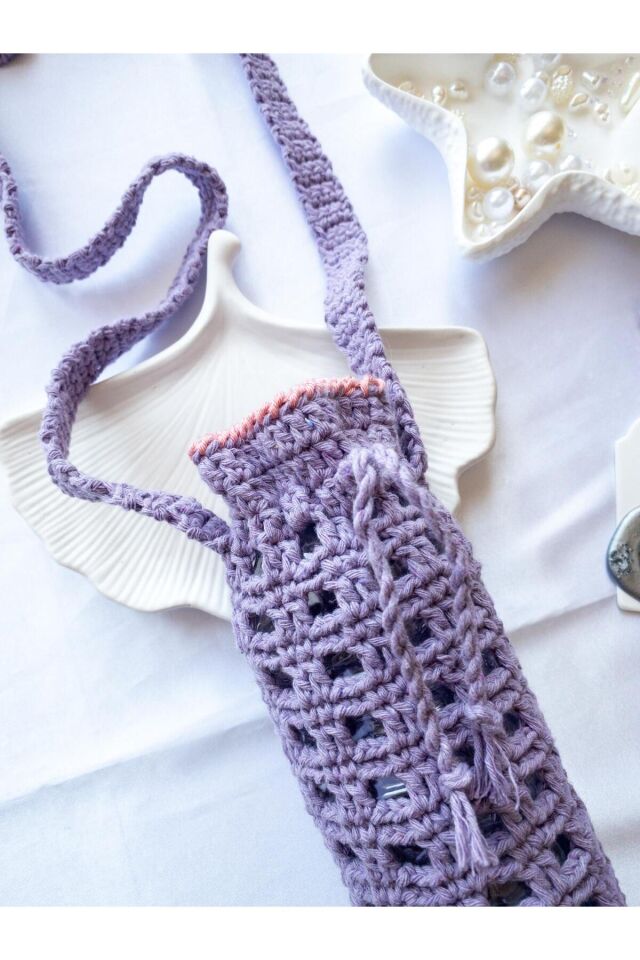 Özel Tasarım Pembe Şeritli Lila Örgü Mini Çanta/Su Taşıma Çantası