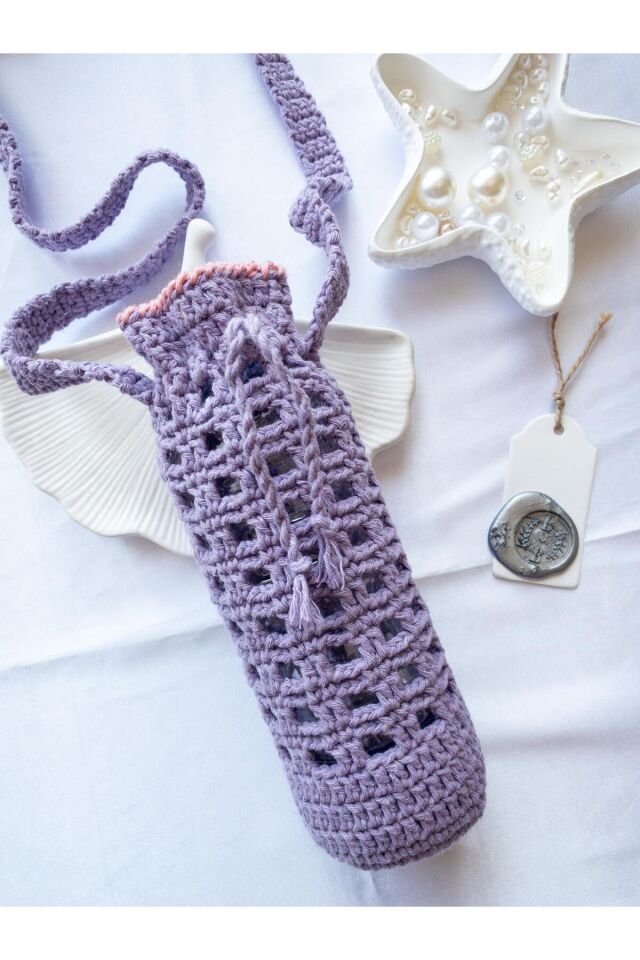 Özel Tasarım Pembe Şeritli Lila Örgü Mini Çanta/Su Taşıma Çantası