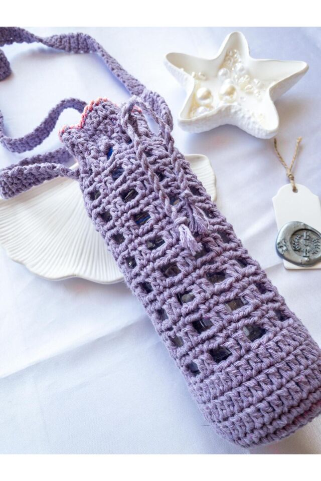 Özel Tasarım Pembe Şeritli Lila Örgü Mini Çanta/Su Taşıma Çantası