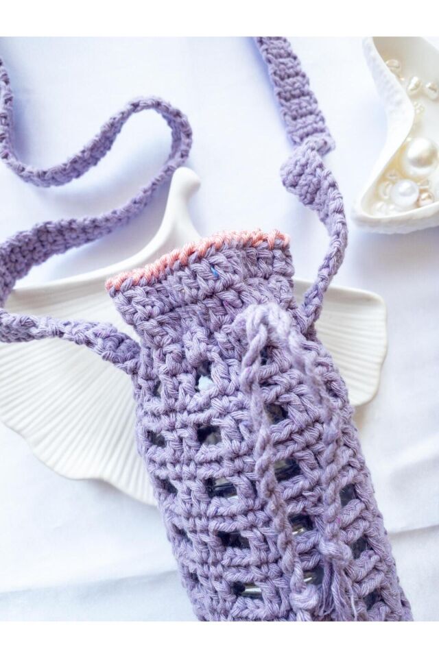 Özel Tasarım Pembe Şeritli Lila Örgü Mini Çanta/Su Taşıma Çantası