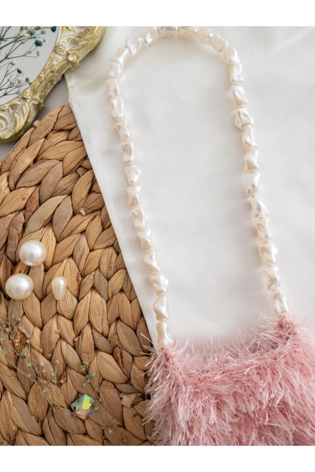 Özel Tasarım İnci Saplı Pembe Örgü Mini Çanta/Su Taşıma Çantası