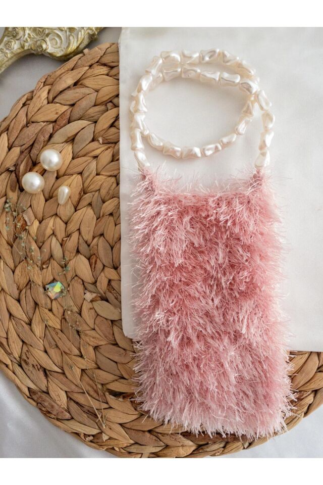 Özel Tasarım İnci Saplı Pembe Örgü Mini Çanta/Su Taşıma Çantası