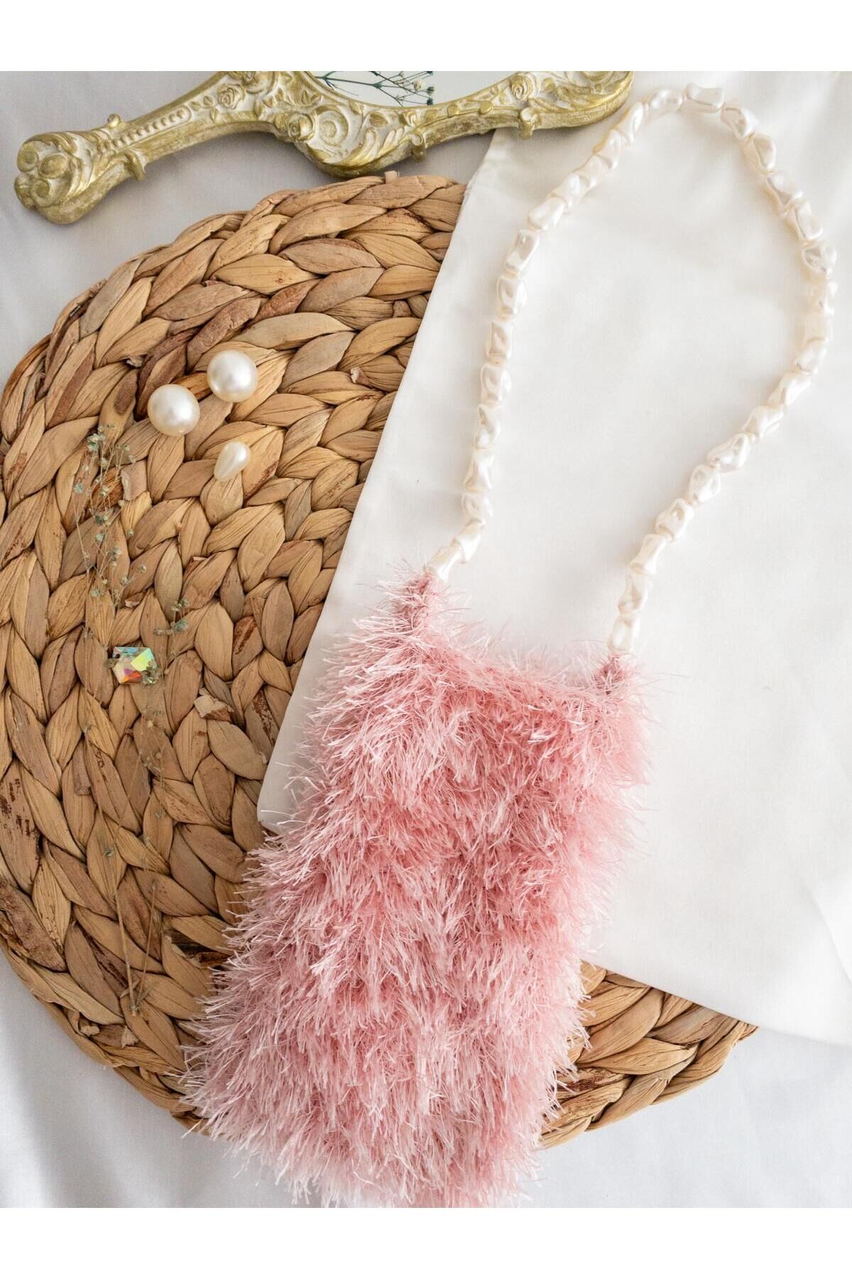 Özel Tasarım İnci Saplı Pembe Örgü Mini Çanta/Su Taşıma Çantası