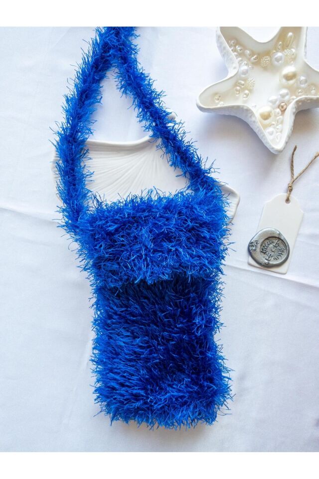 Özel Tasarım Mavi Örgü Mini Çanta/Su Taşıma Çantası