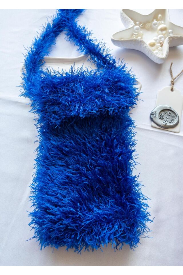 Özel Tasarım Mavi Örgü Mini Çanta/Su Taşıma Çantası