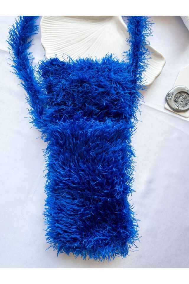 Özel Tasarım Mavi Örgü Mini Çanta/Su Taşıma Çantası