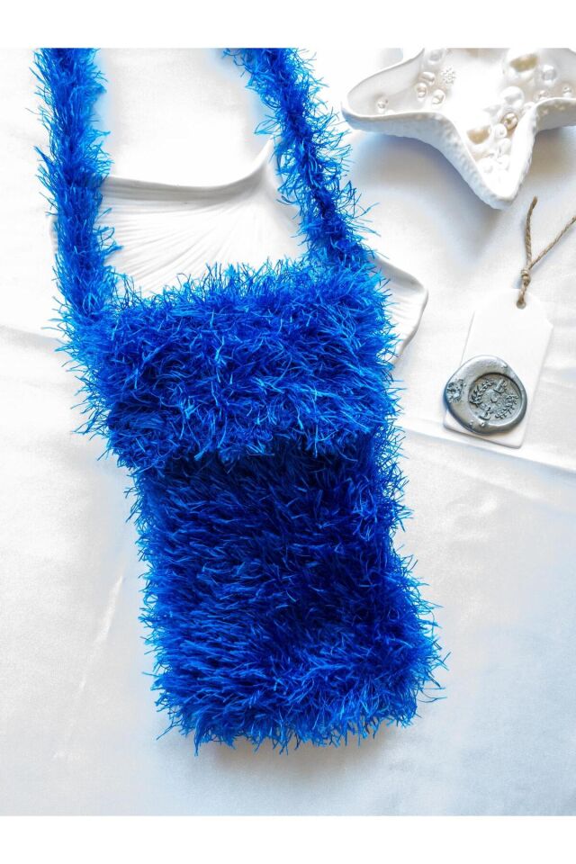 Özel Tasarım Mavi Örgü Mini Çanta/Su Taşıma Çantası