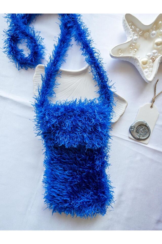 Özel Tasarım Mavi Örgü Mini Çanta/Su Taşıma Çantası