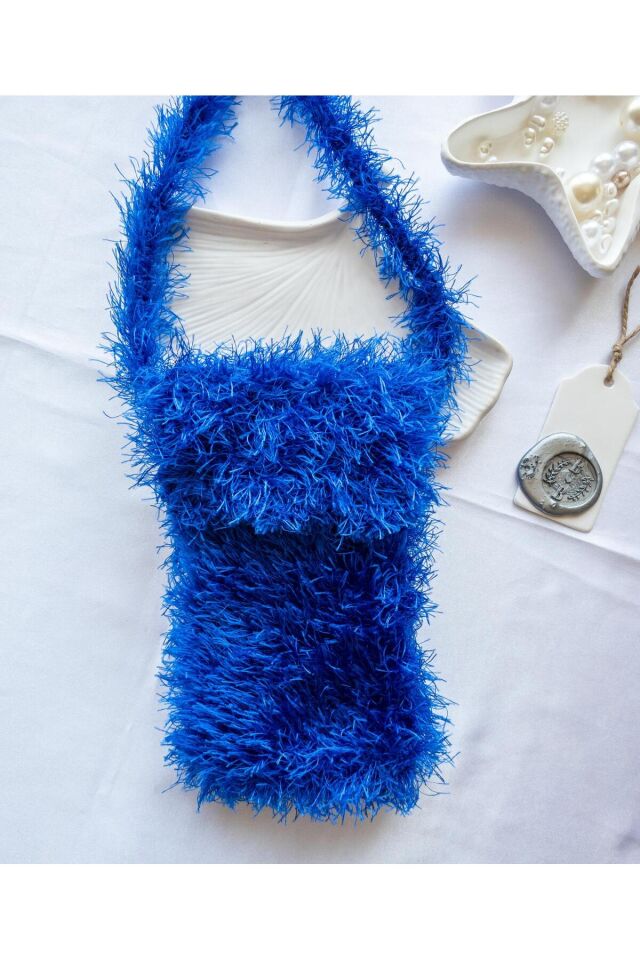 Özel Tasarım Mavi Örgü Mini Çanta/Su Taşıma Çantası