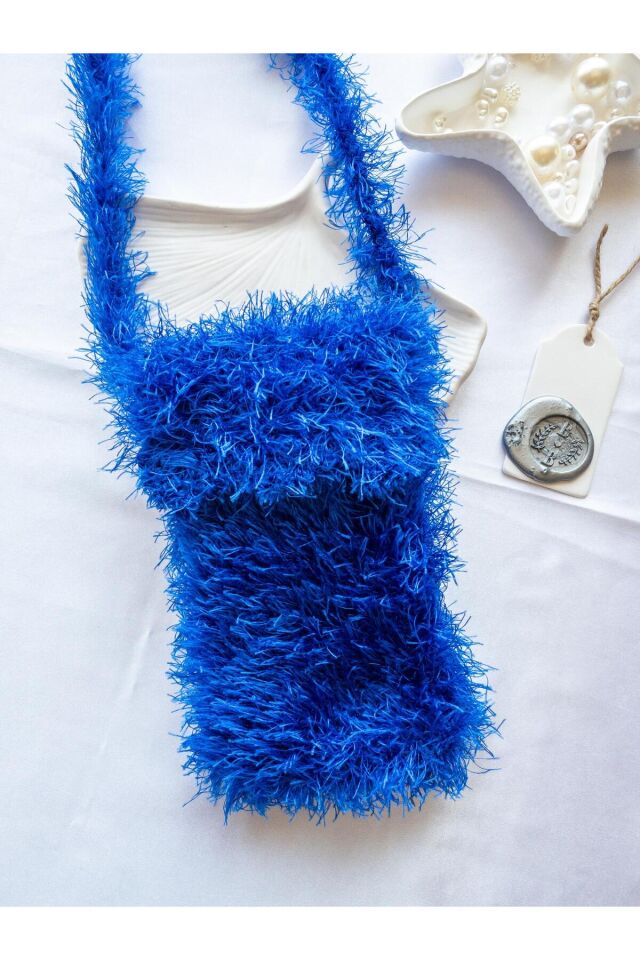 Özel Tasarım Mavi Örgü Mini Çanta/Su Taşıma Çantası