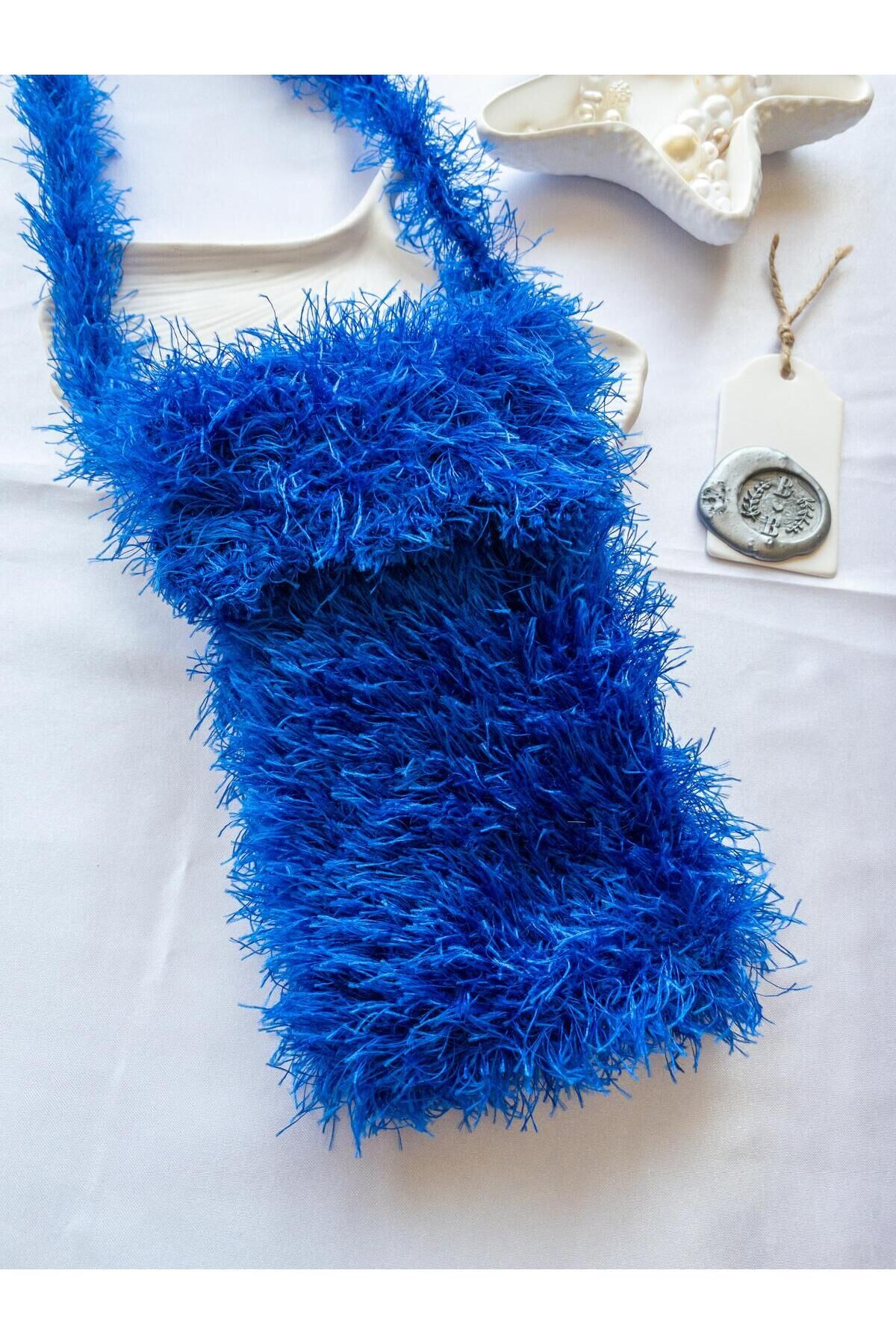 Özel Tasarım Mavi Örgü Mini Çanta/Su Taşıma Çantası