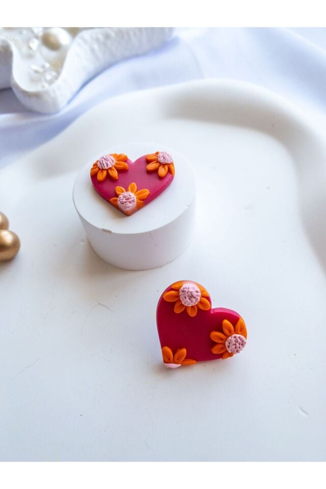 Özel Tasarım Pembe Polimer Kil Üzeri Turuncu Çiçek Kalp Küpe
