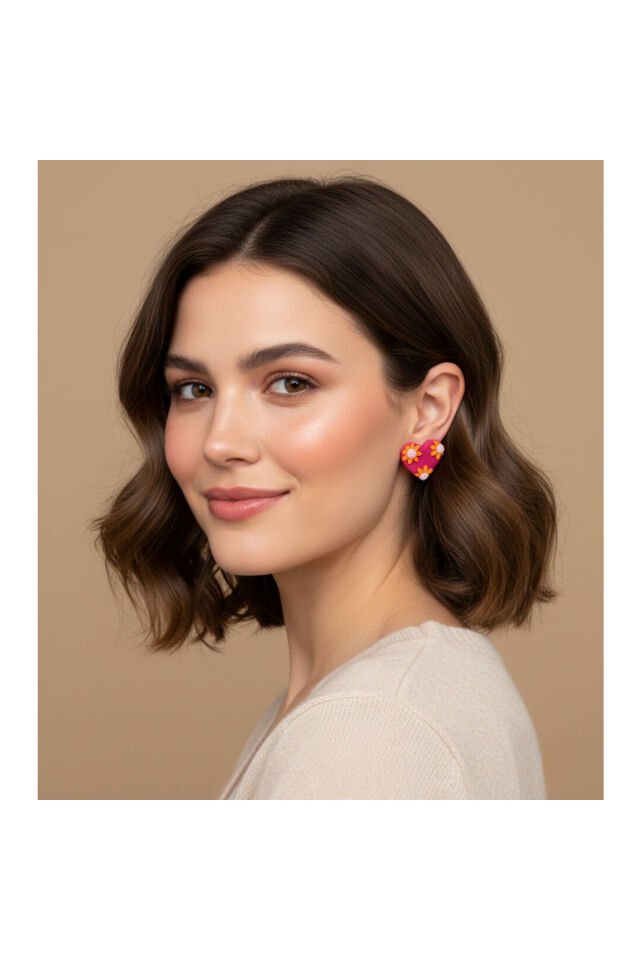 Özel Tasarım Pembe Polimer Kil Üzeri Turuncu Çiçek Kalp Küpe