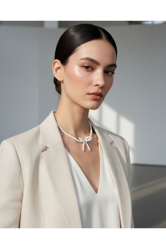 BeuBella Beyaz Kristal Boncuklu Fiyonk Kolye – Ayarlanabilir – El Yapımı – Çelik Zincirli