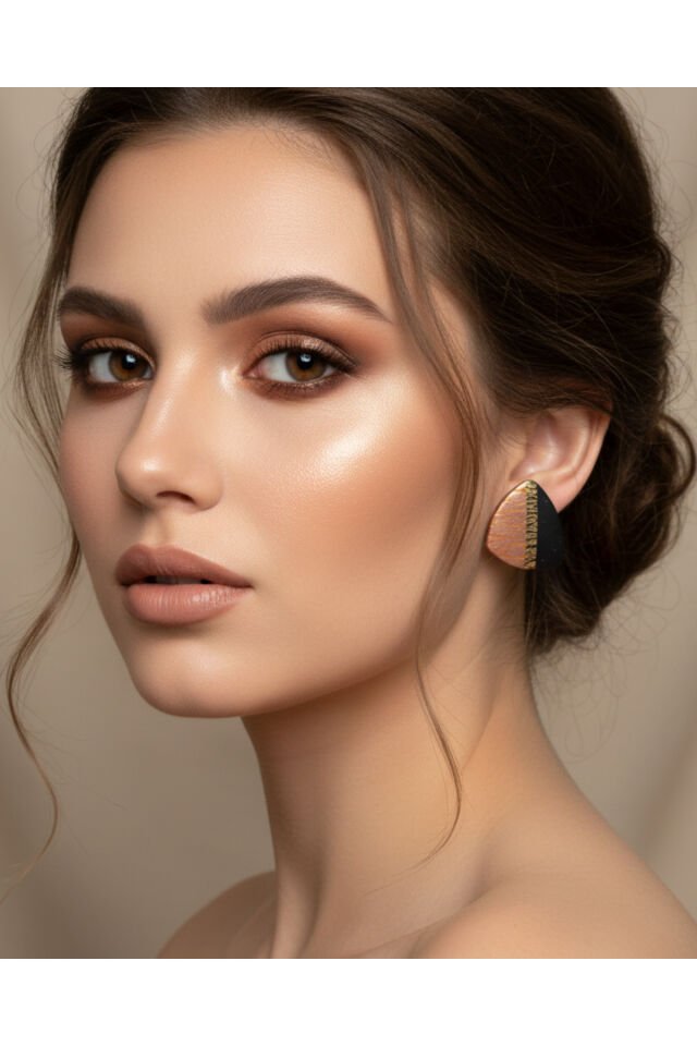 Özel Tasarım Siyah Polimer Kil Üzeri Altın ve Bronz Varak Detay Küpe