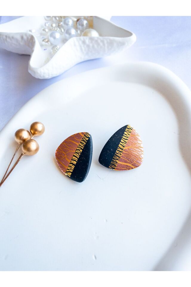 Özel Tasarım Siyah Polimer Kil Üzeri Altın ve Bronz Varak Detay Küpe