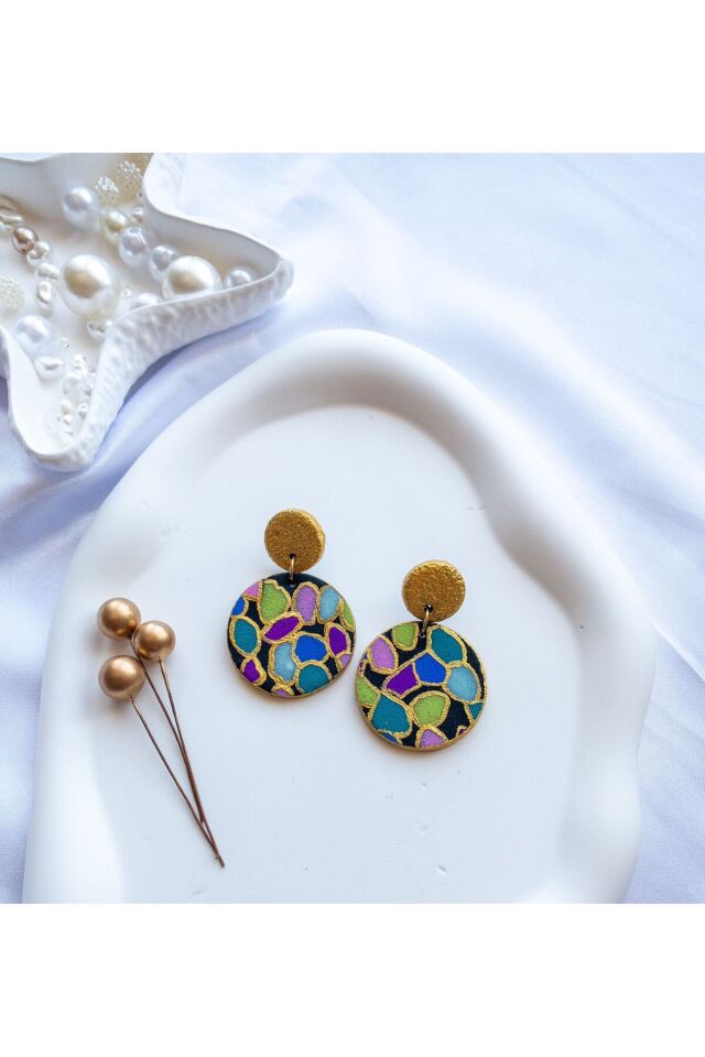 Özel Tasarım Renkli Polimer Kil Üzeri Mozaik Desen Küpe