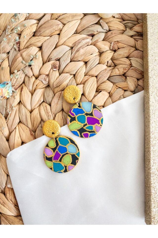 Özel Tasarım Renkli Polimer Kil Üzeri Mozaik Desen Küpe