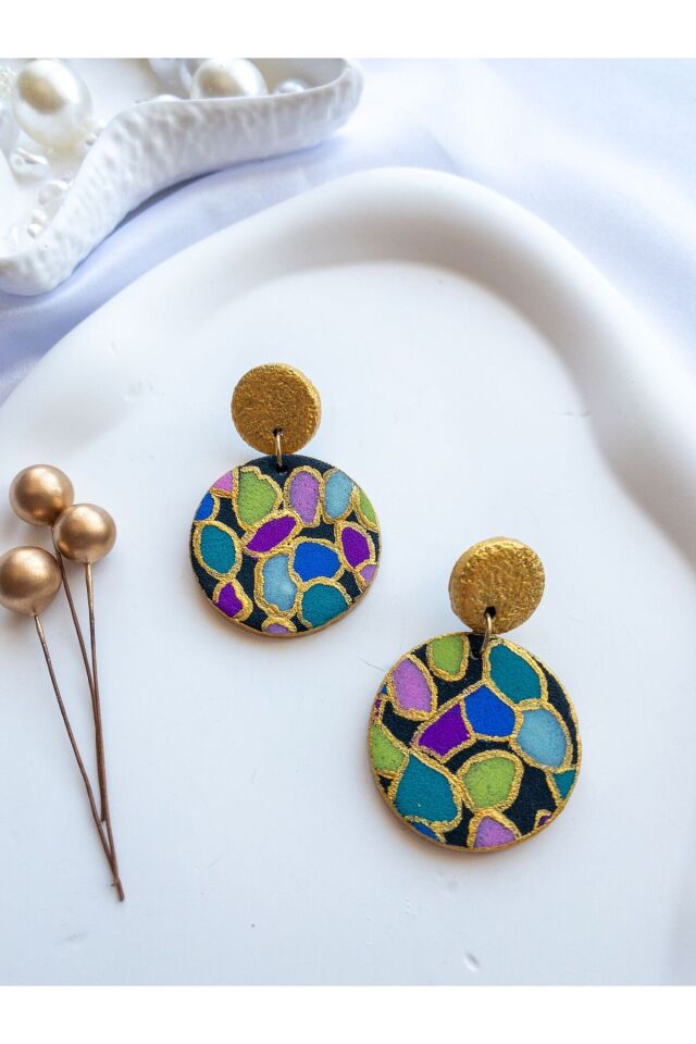 Özel Tasarım Renkli Polimer Kil Üzeri Mozaik Desen Küpe