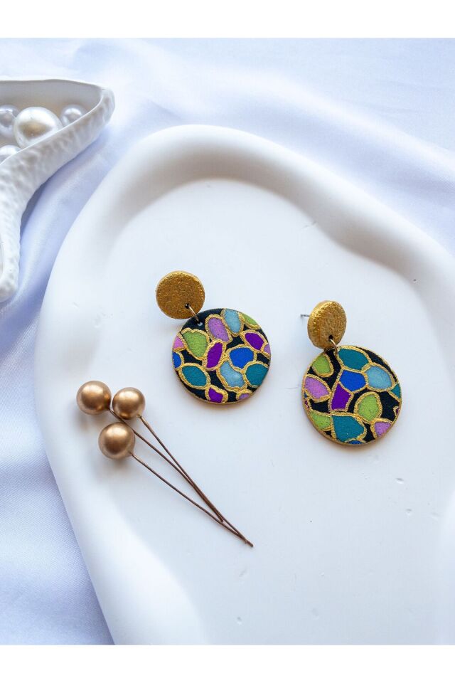 Özel Tasarım Renkli Polimer Kil Üzeri Mozaik Desen Küpe