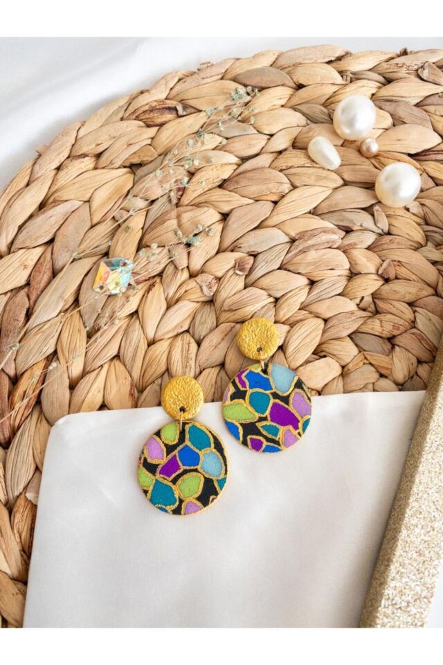 Özel Tasarım Renkli Polimer Kil Üzeri Mozaik Desen Küpe