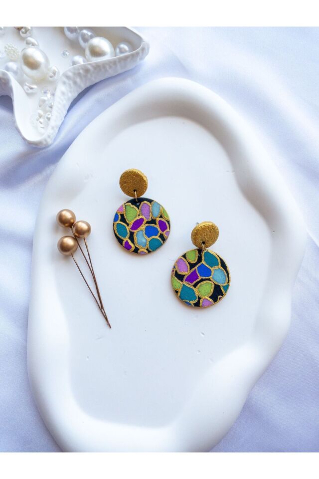 Özel Tasarım Renkli Polimer Kil Üzeri Mozaik Desen Küpe