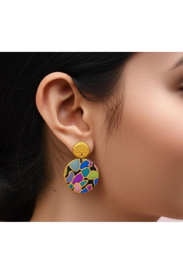 Özel Tasarım Renkli Polimer Kil Üzeri Mozaik Desen Küpe