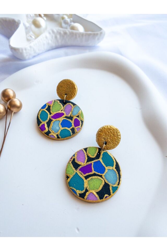 Özel Tasarım Renkli Polimer Kil Üzeri Mozaik Desen Küpe