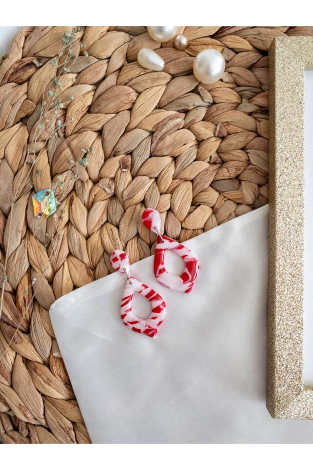 Özel Tasarım Kırmızı Beyaz Polimer Kil Reçine Kaplama Damla Küpe