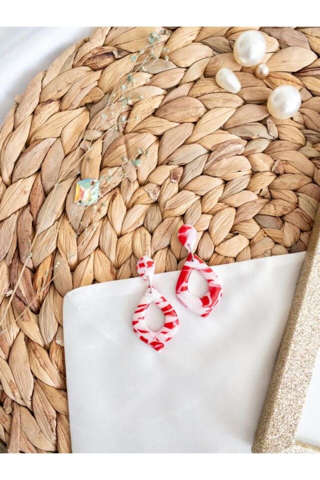 Özel Tasarım Kırmızı Beyaz Polimer Kil Reçine Kaplama Damla Küpe