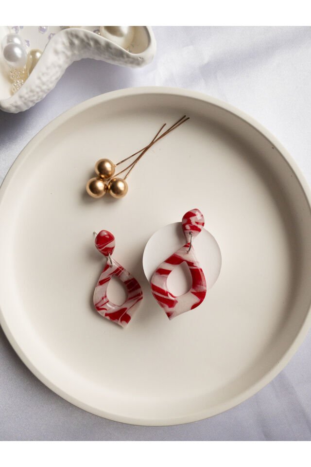 Özel Tasarım Kırmızı Beyaz Polimer Kil Reçine Kaplama Damla Küpe