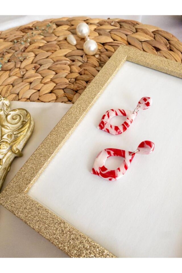 Özel Tasarım Kırmızı Beyaz Polimer Kil Reçine Kaplama Damla Küpe