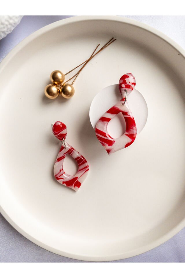 Özel Tasarım Kırmızı Beyaz Polimer Kil Reçine Kaplama Damla Küpe