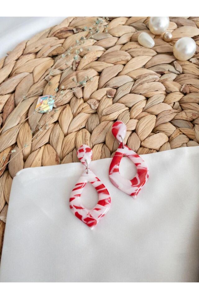 Özel Tasarım Kırmızı Beyaz Polimer Kil Reçine Kaplama Damla Küpe