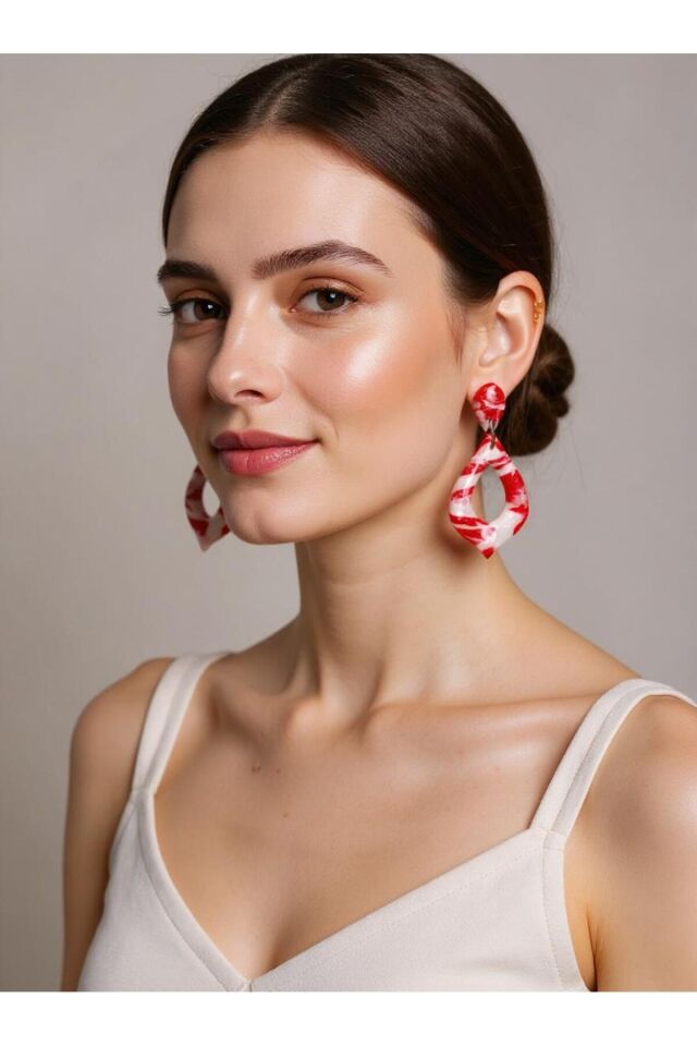 Özel Tasarım Kırmızı Beyaz Polimer Kil Reçine Kaplama Damla Küpe