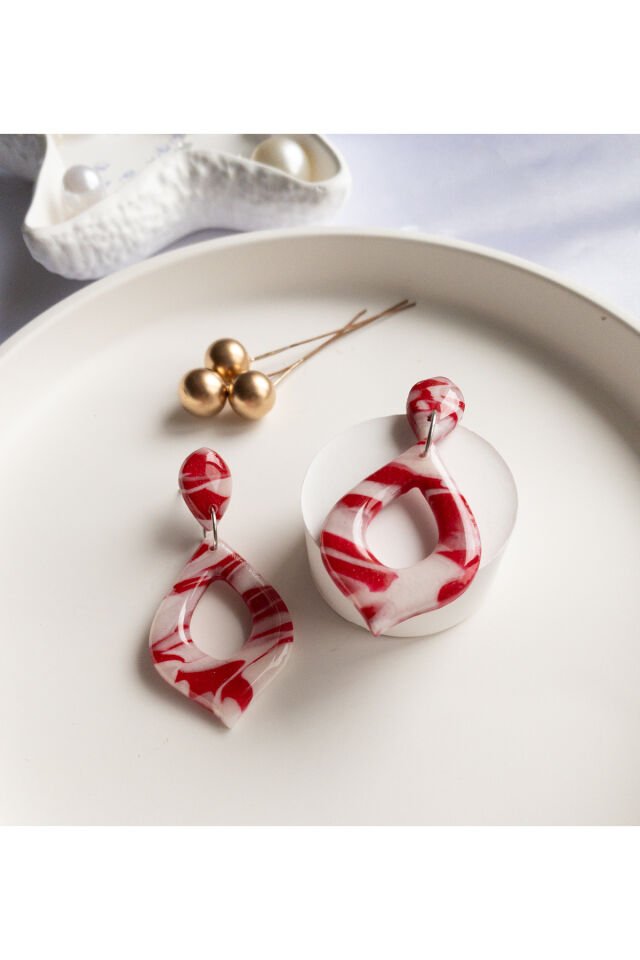 Özel Tasarım Kırmızı Beyaz Polimer Kil Reçine Kaplama Damla Küpe