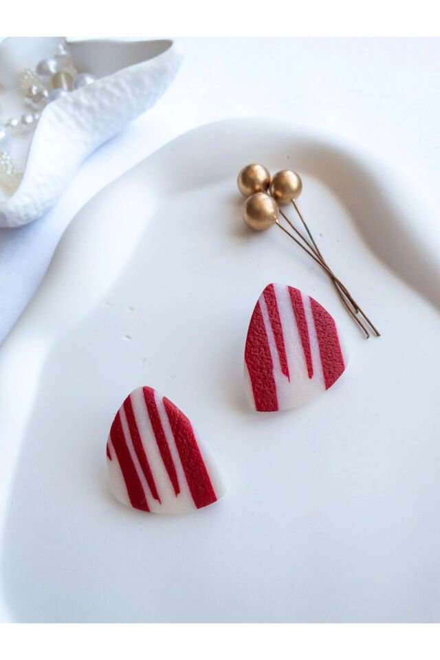 Özel Tasarım Kırmızı Beyaz Çizgili Polimer Kil Küpe