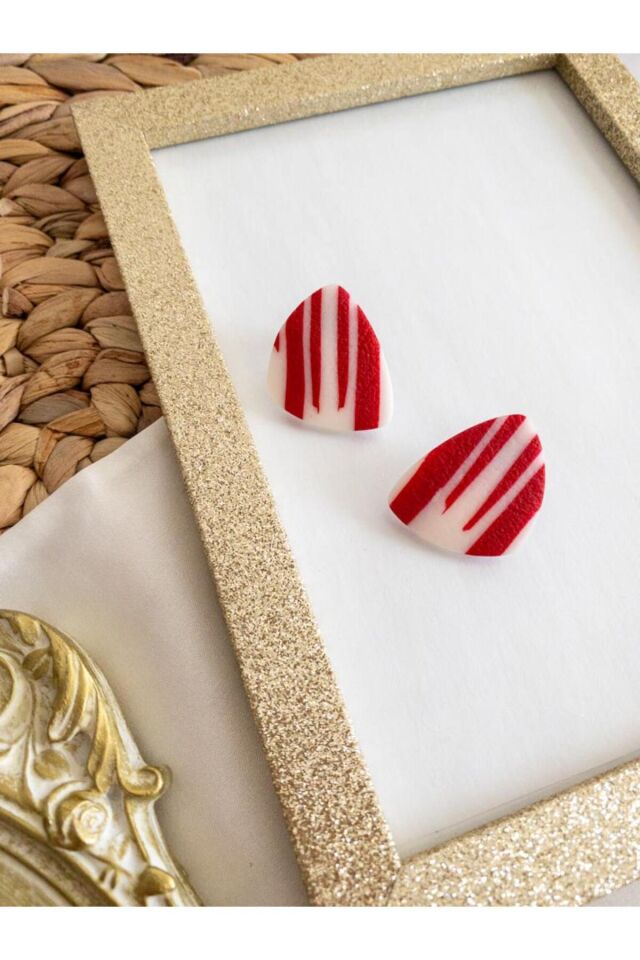 Özel Tasarım Kırmızı Beyaz Çizgili Polimer Kil Küpe