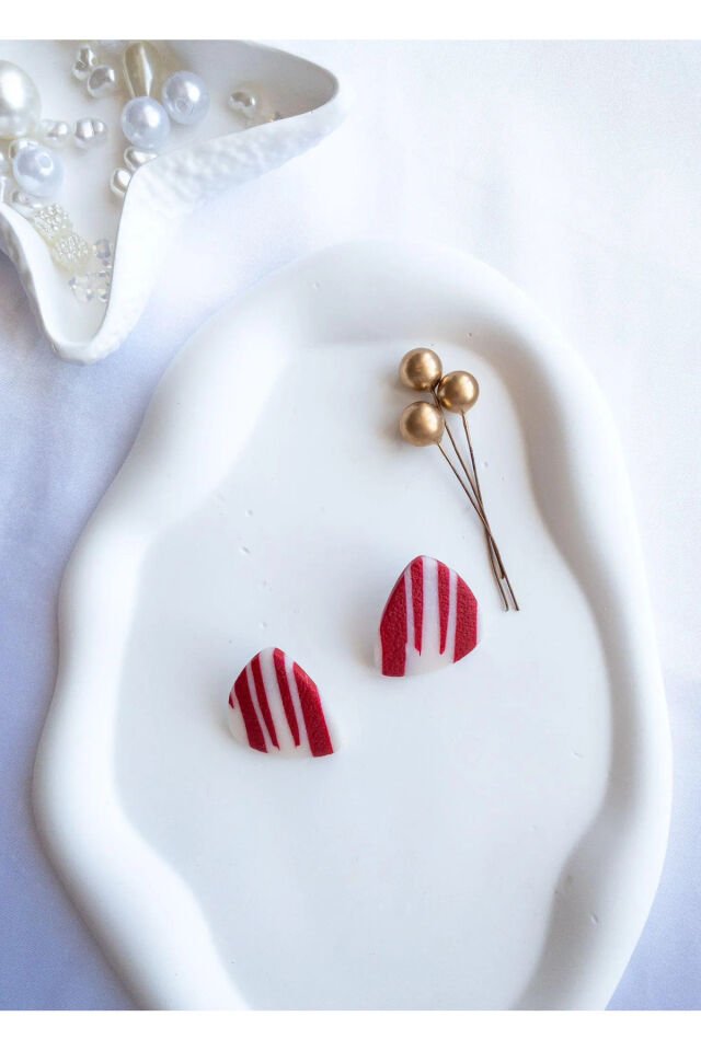 Özel Tasarım Kırmızı Beyaz Çizgili Polimer Kil Küpe