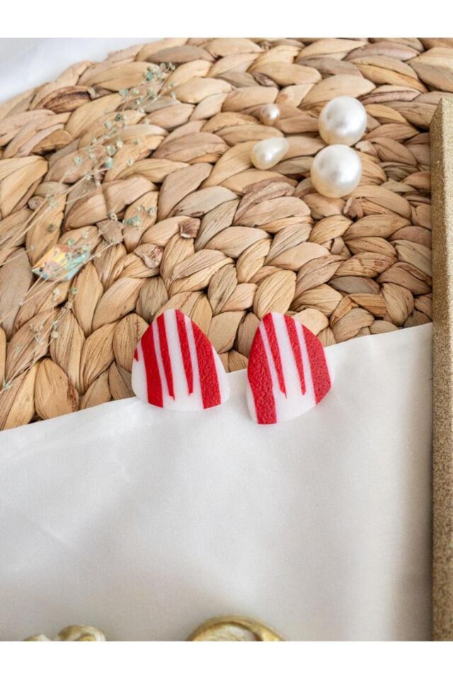 Özel Tasarım Kırmızı Beyaz Çizgili Polimer Kil Küpe