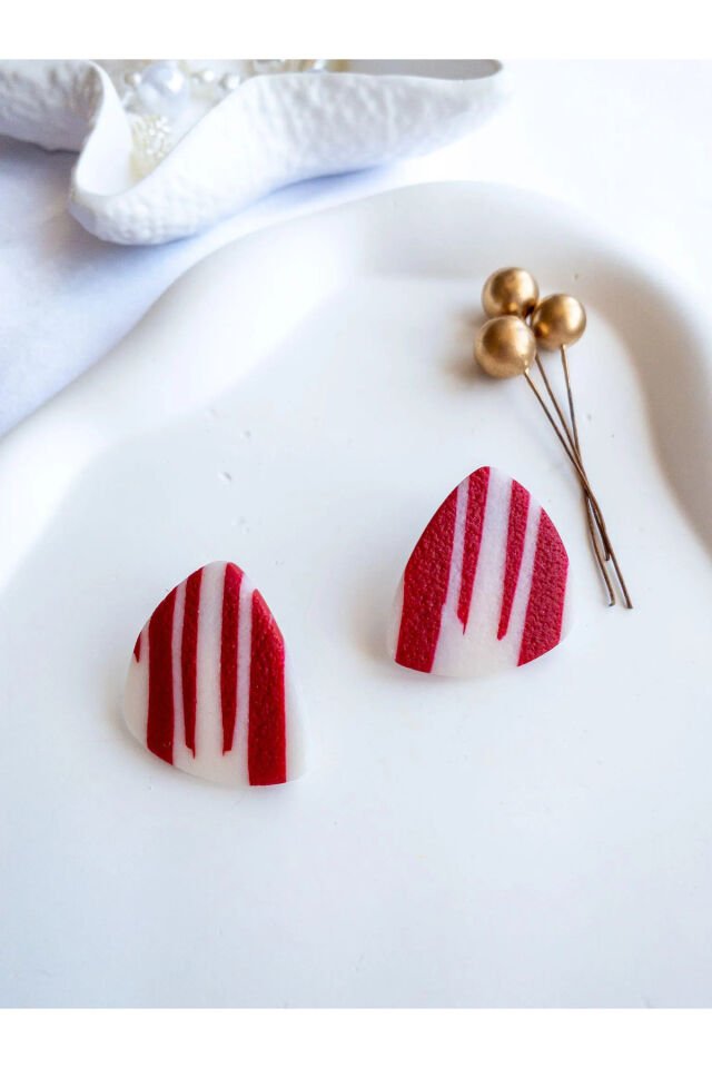 Özel Tasarım Kırmızı Beyaz Çizgili Polimer Kil Küpe