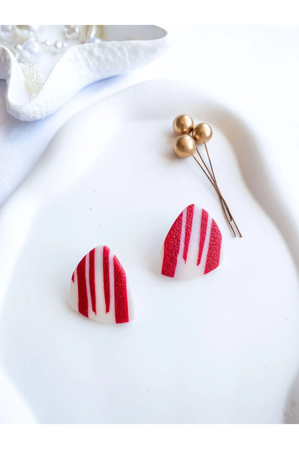 Özel Tasarım Kırmızı Beyaz Çizgili Polimer Kil Küpe