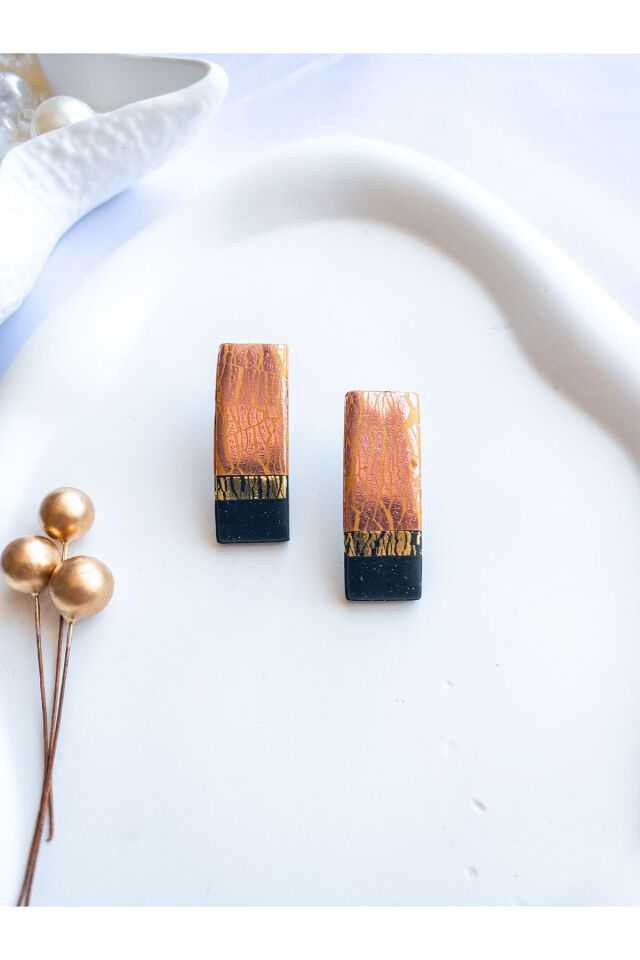 Özel Tasarım Siyah Polimer Kil Üzeri Altın ve Bronz Varak Detay Geometrik Küpe