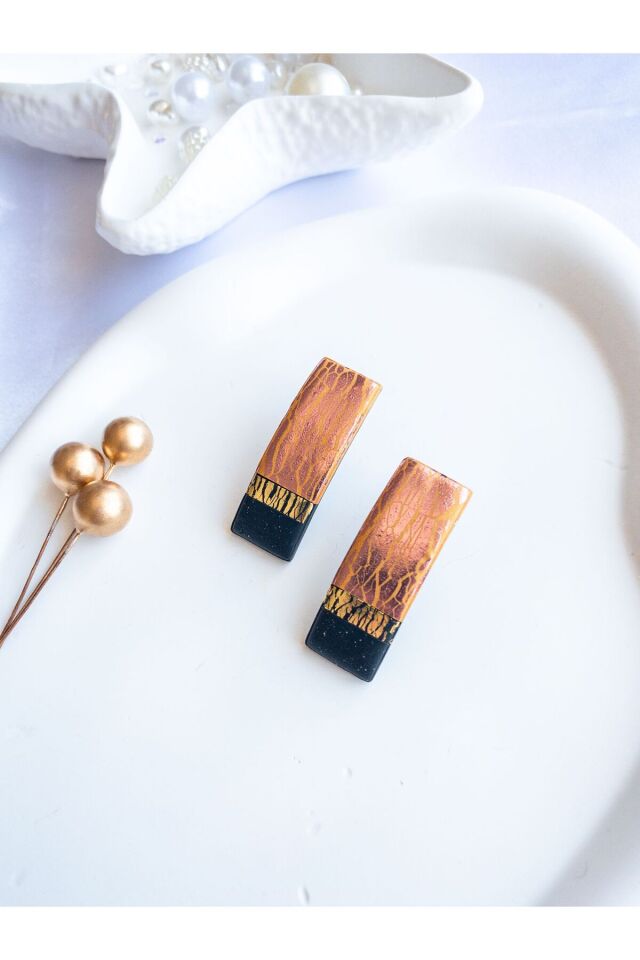 Özel Tasarım Siyah Polimer Kil Üzeri Altın ve Bronz Varak Detay Geometrik Küpe