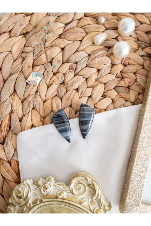 Özel Tasarım Çizgili Gri Polimer Kil Reçine Kaplama Küpe