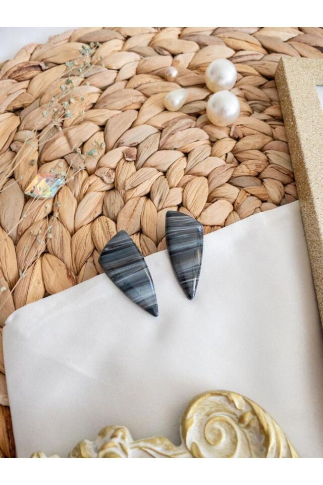 Özel Tasarım Çizgili Gri Polimer Kil Reçine Kaplama Küpe