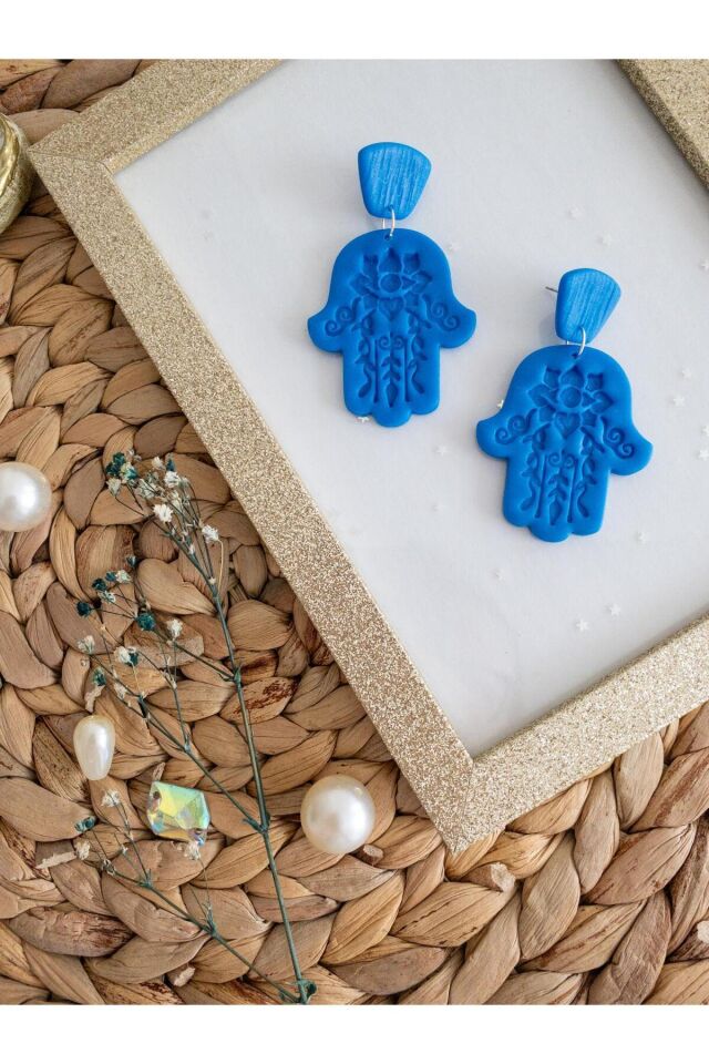 Özel Tasarım Polimer Kil Desenli Mavi Fatmanın Eli Küpe